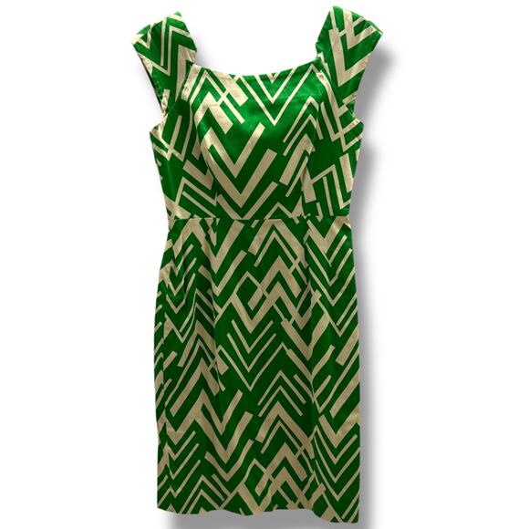 Milly Women's Sheath Dress Green Tan Geometric Vintage Look Size 4 - Picture 2 of 8